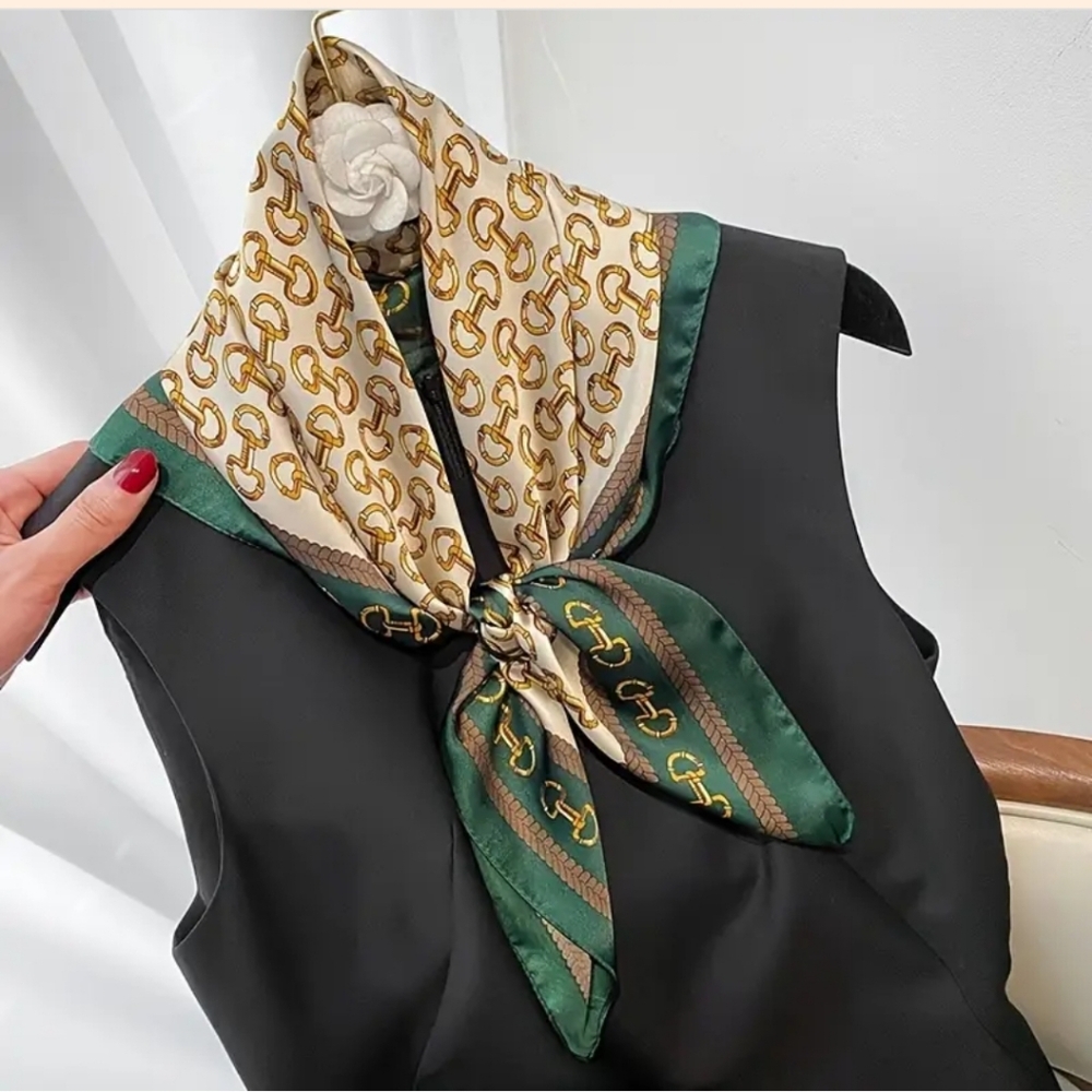 Silk-Feel Chain Print Square Scarf in Green and Cream